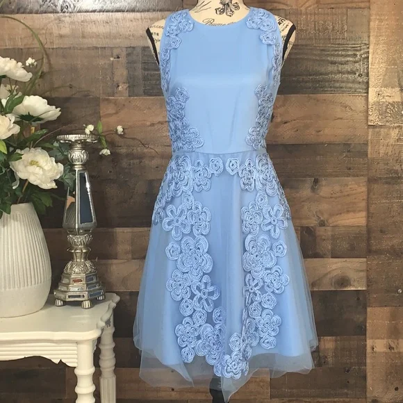 belle badgley mischka blue dress Belle by Badgley Mischka Pleated Midi Dress, Womens, 8, Bright Blue